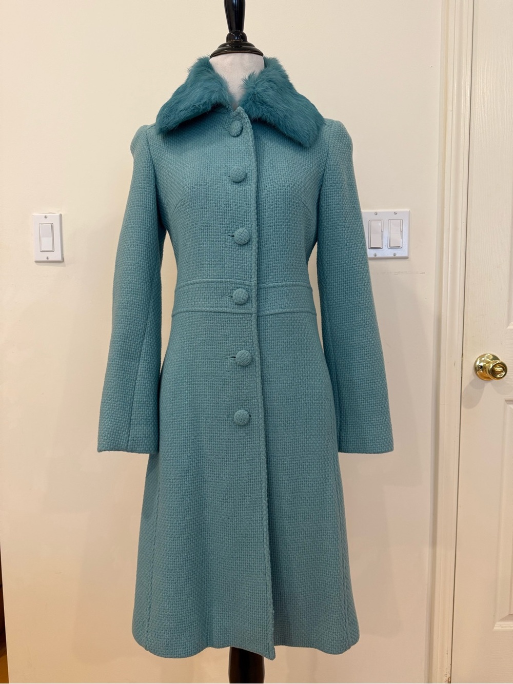 Marciano Teal A-Line Wool-Blend Coat with detachable Fur Collar